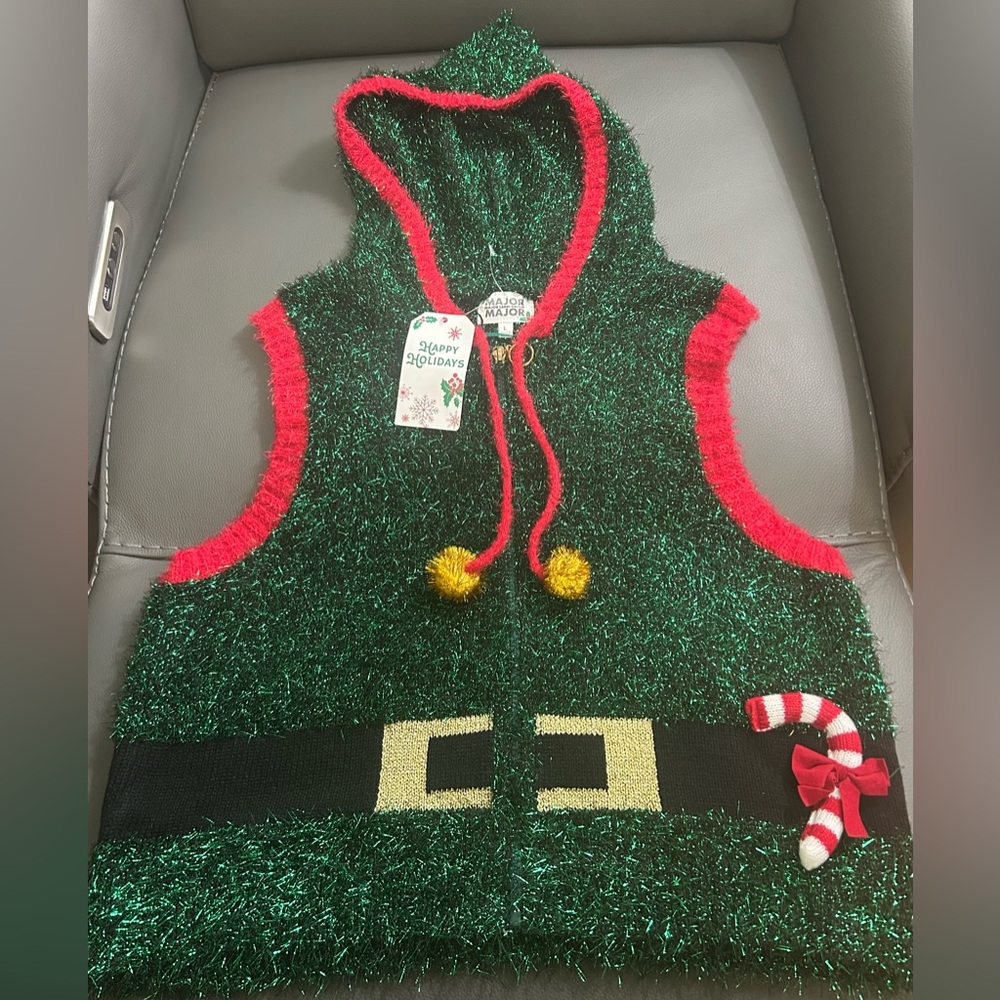 Festive Green and Red Elf Costume Vest with hoodie Size Large